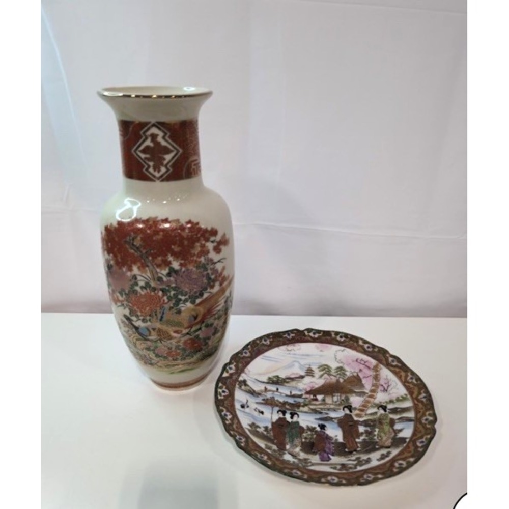 Japanese Porcelain Vase Hand-Painted- Marked "Japan" with Decorative Plate
